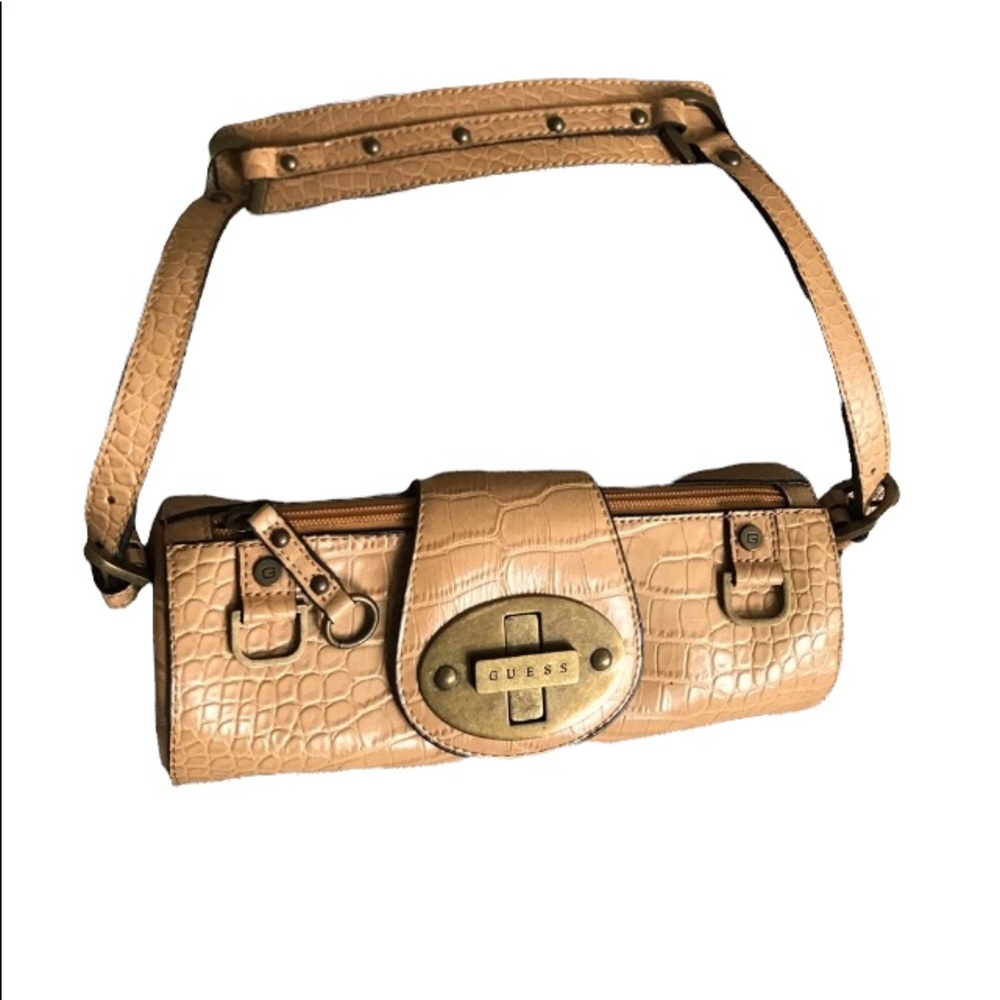 Guess Vintage Glossy Mustard Yellow Crocodile Embossed Leather Barrel Bag